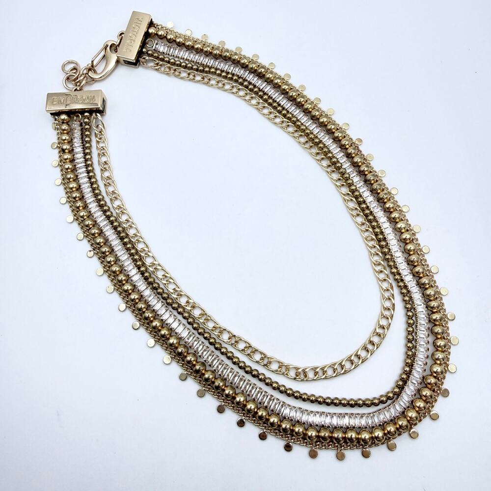 Victoria Emerson Signed Multi 5 Strand Curb Chain Crystal Gold Tone Necklace 15"